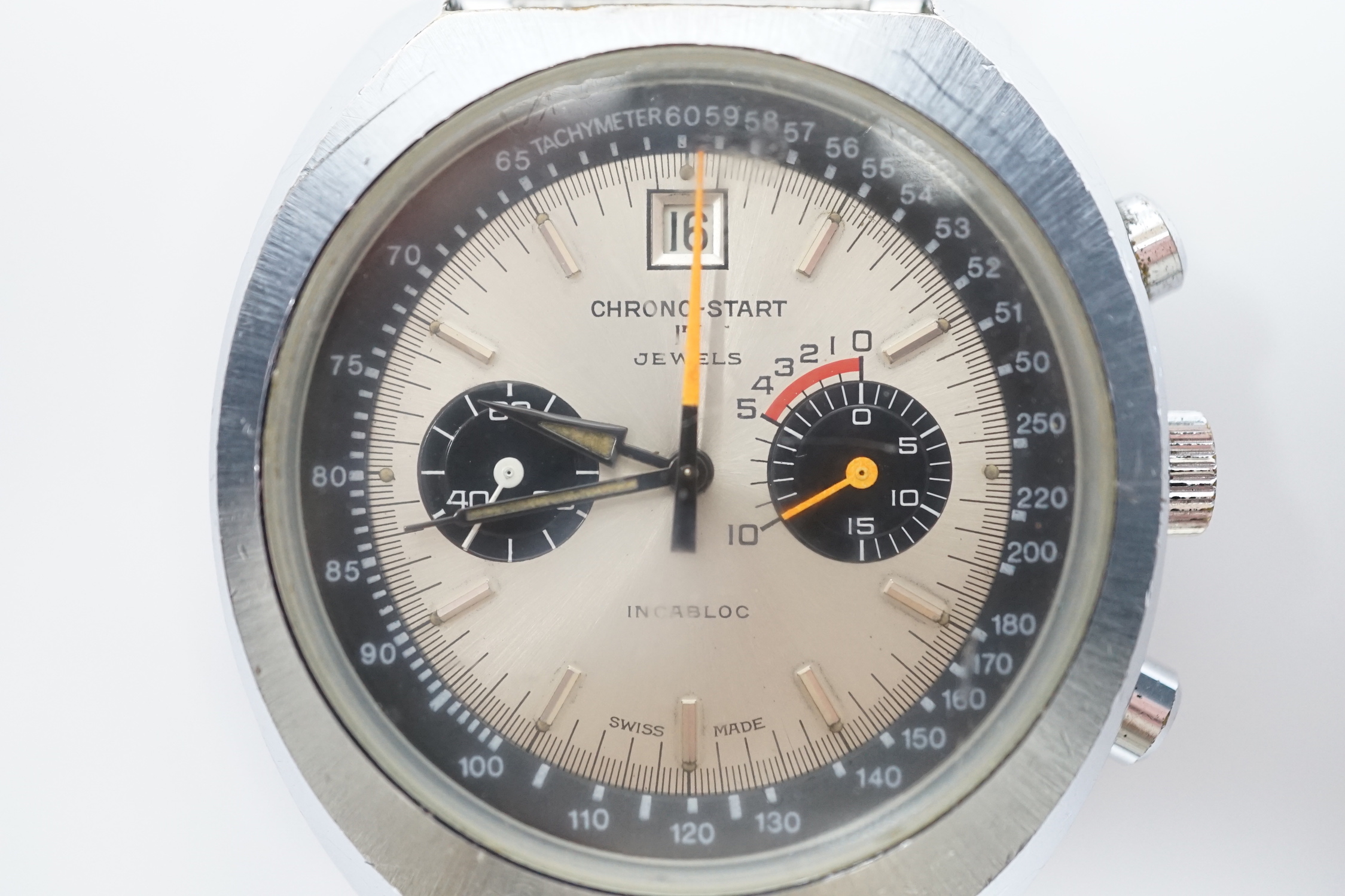 A 1970's Swiss stainless steel Chrono Start 17 jewel manual wind wrist watch, on an associated flexible strap.